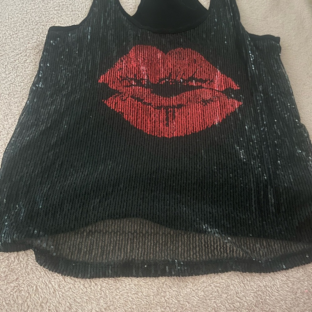 Black Sequin Top with Red Lips Design